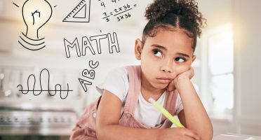 Math homework, education or child thinking of mathematics solution, problem or remote home school. Learning difficulty, ADHD and bored kid contemplating equation numbers for youth development project.